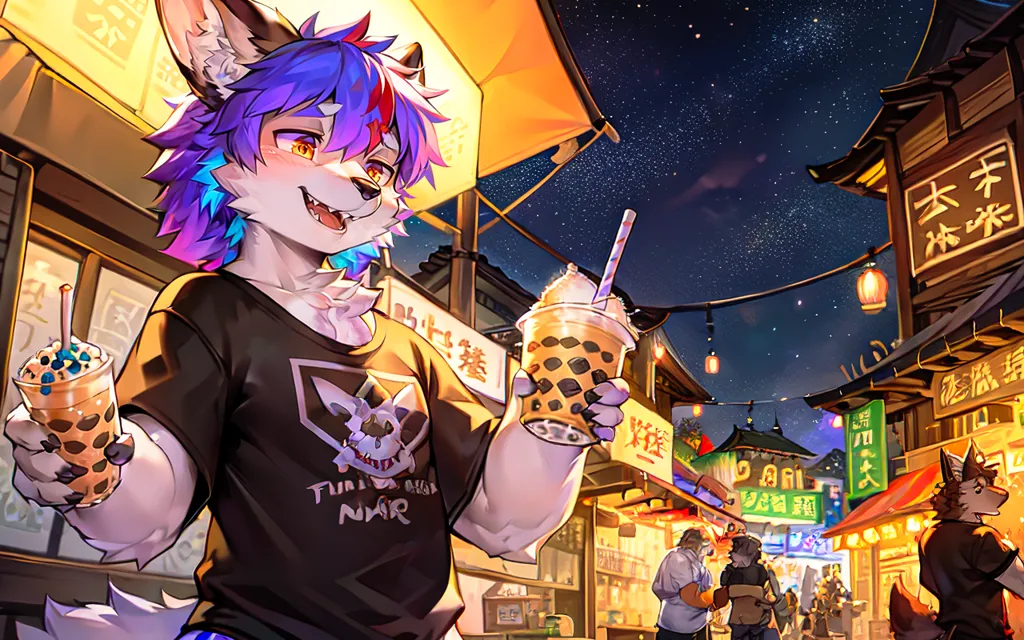 The image is of a furry character, which is a wolf with blue and purple hair. It is standing in a street that is lit by lanterns and has a starry night sky. The furry is wearing a black shirt and is holding two bubble tea drinks. There are other furry characters in the background, and the overall style of the image is anime.