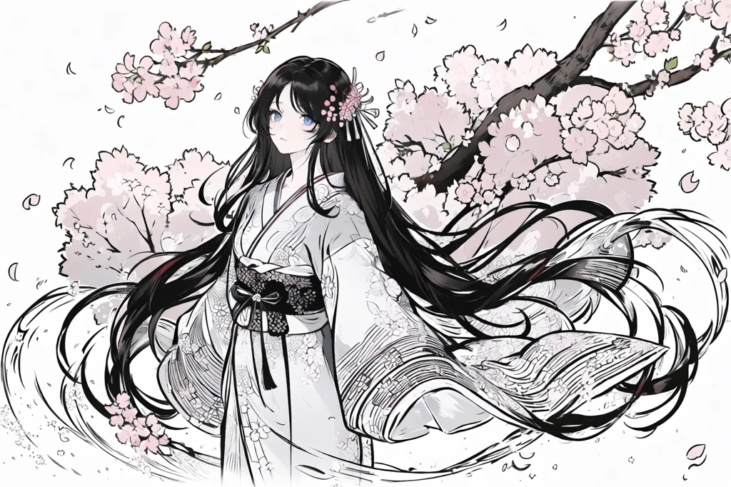 The image is a black-and-white line drawing of a young woman in a kimono standing in a field of cherry blossoms. The woman is standing with her left hand raised to her chest, and her long black hair is blowing in the wind. She is wearing a white kimono with a black obi, and her hair is tied up in a bun with a pink ribbon. The cherry blossoms are in full bloom, and their petals are falling to the ground. The background is a blur of cherry blossom branches.