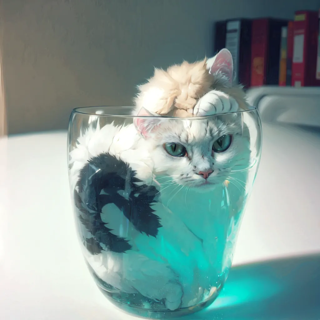 Esta es una pintura digital de un gato en un tazón de cristal. El gato es blanco con manchas grises en su rostro y patas. Está sentado en el tazón con las patas en el borde y mira al espectador con una expresión molesta en su rostro. El tazón está sobre una mesa blanca. Hay una estantería de libros en el fondo con libros y chucherías. La pintura tiene un carácter surrealista, ya que el gato parece flotar en el tazón de agua.