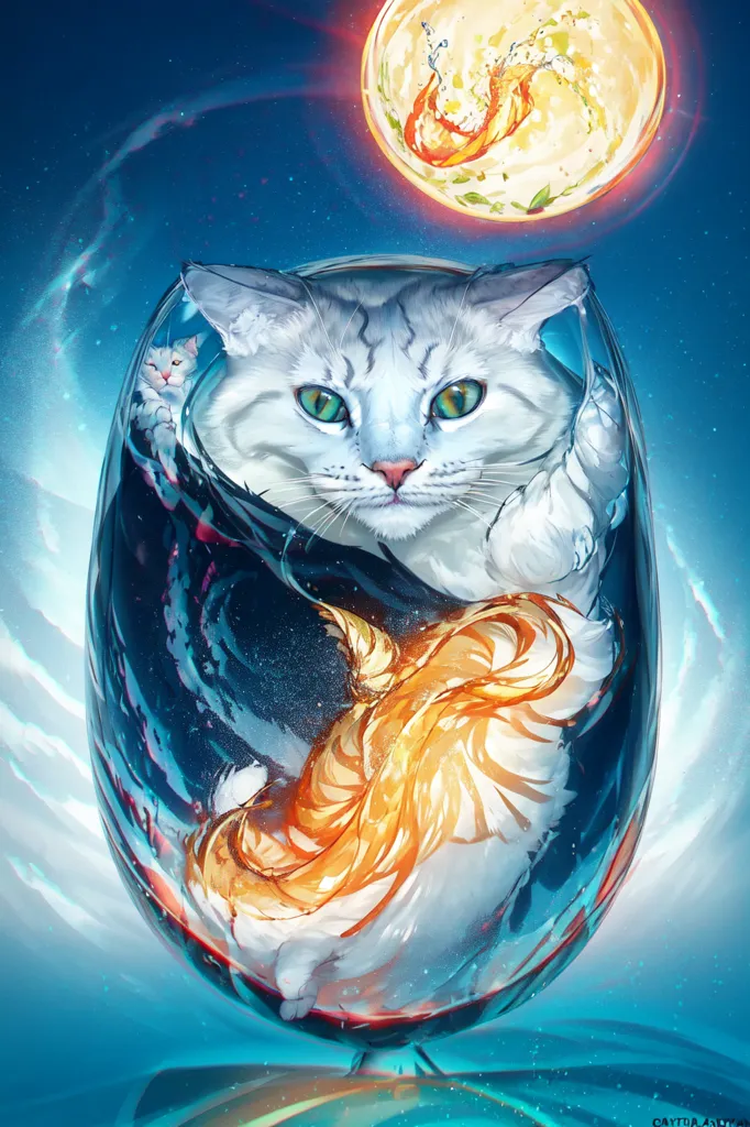 This is an image of a white cat in a glass of water. The cat is sitting in the water and looking out at the viewer. The glass is sitting on a table. The background is a blue sky with a full moon. There are also two goldfish swimming around the cat. The cat has one paw on the rim of the glass and the other paw is holding a goldfish in the water.