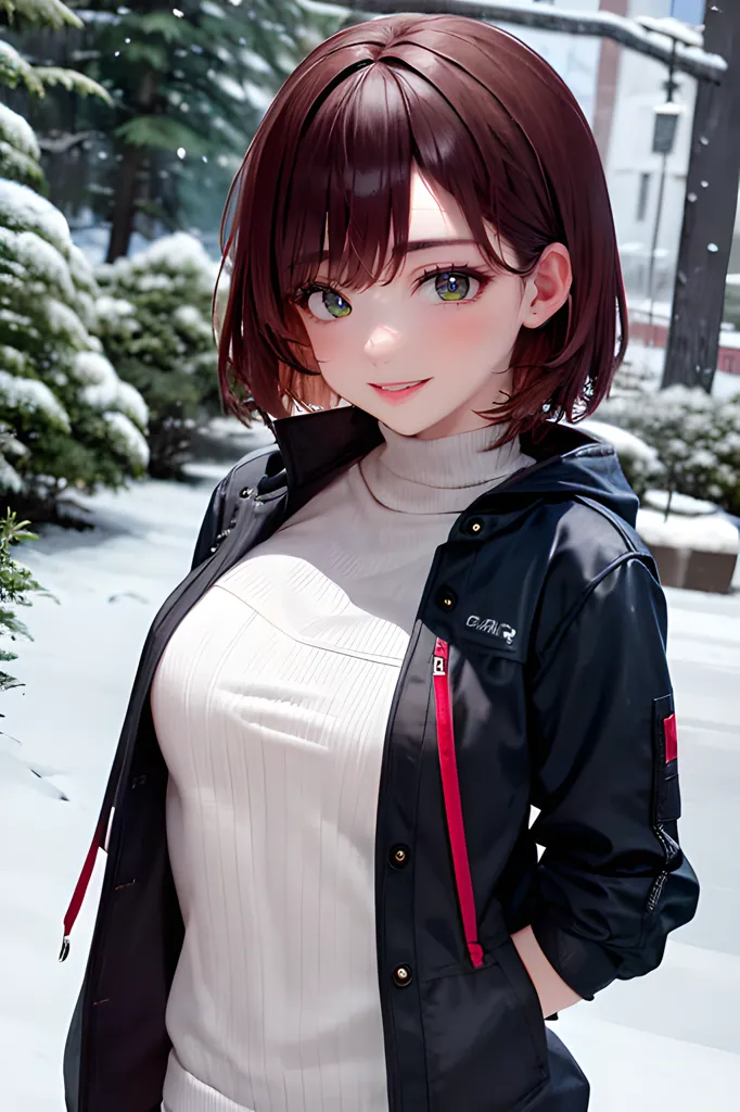 The image shows a young woman with short brown hair and green eyes. She is wearing a white turtleneck sweater and a black jacket with red accents. She is standing in a snowy forest, and she has a gentle smile on her face. The image is drawn in a realistic style, and the details are very well done. The woman's hair is particularly well-rendered, and the soft shading on her face gives her a very natural look. The image is also very well-lit, and the colors are vibrant and lifelike. Overall, this is a very beautiful and well-done image.