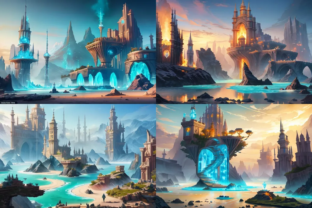 La imagen se divide en cuatro paneles. Cada panel muestra un paisaje fantástico diferente. Los paisajes son todos muy hermosos y presentan una variedad de elementos, como montañas, agua, árboles y castillos. Los colores de las imágenes también son muy vibrantes y ayudan a crear una sensación de asombro y emoción.