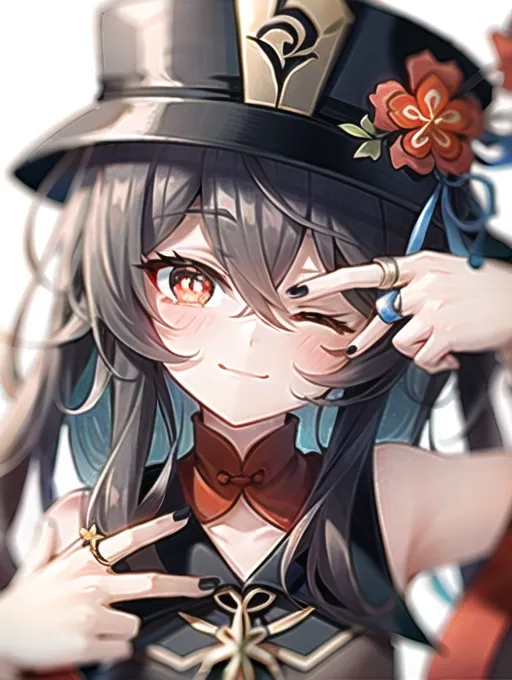 The image is of a young woman with long brown hair and red eyes. She is wearing a black hat with a red flower on it, a black and red cheongsam-style dress, and a pair of black gloves. She is making a peace sign with her right hand and has her left hand on her chest. She has a playful expression on her face and is winking her right eye. The background is a light pink color.