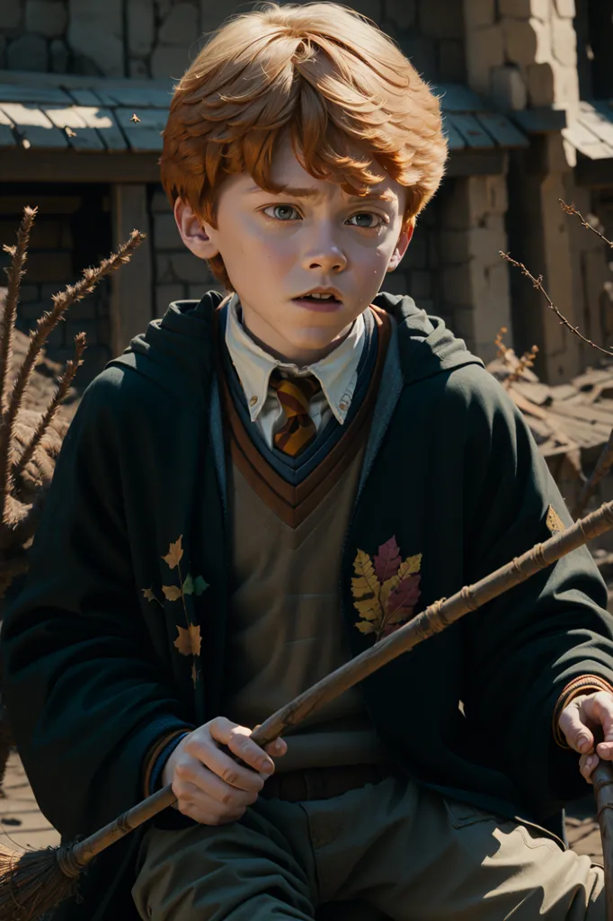 The image shows a young boy with red hair and green eyes. He is wearing a dark green robe with a white shirt and tie underneath. The robe has brown leaf-like patterns on it. He is holding a broomstick in his hands. He has a concerned look on his face. He appears to be in a forest.