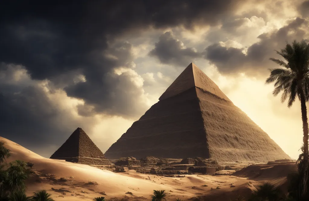 L'image montre le complexe des pyramides de Gizeh en Égypte. L'image a été prise d'un angle bas, ce qui rend les pyramides encore plus massives. Le ciel est sombre et nuageux, ce qui ajoute à l'effet dramatique de la scène. Le premier plan de l'image est rempli de sable, ce qui contribue à créer un sentiment de profondeur. L'image est un rappel de la puissance et de la grandeur de l'Égypte antique.