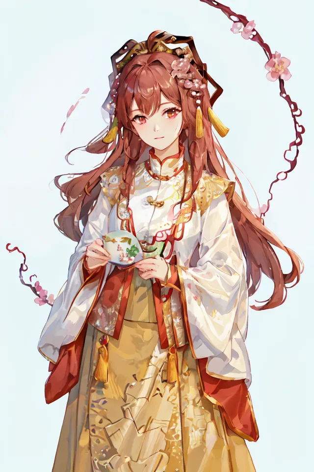 The image shows a beautiful young woman with long red hair and brown eyes. She is wearing a traditional Chinese dress with a white and gold pattern. The dress has a long skirt and a short jacket with a high collar. The woman is also wearing a red sash around her waist and a gold necklace with a jade pendant. Her hair is done up in a bun with a long red ribbon. She is holding a cup of tea in her hands. There are also some peach blossoms in the background.