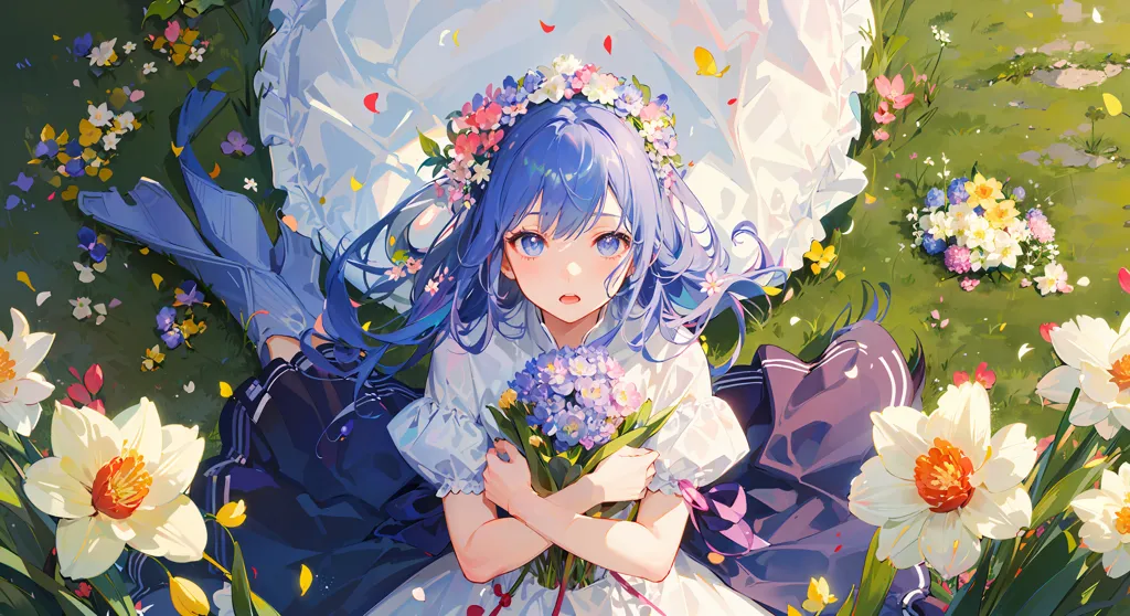 This image shows a girl with blue hair and blue eyes lying in a field of flowers. She is wearing a white dress with a blue sash and has a wreath of flowers on her head. The girl is holding a bouquet of blue flowers and has a shy smile on her face. The background is a blur of green grass and flowers.