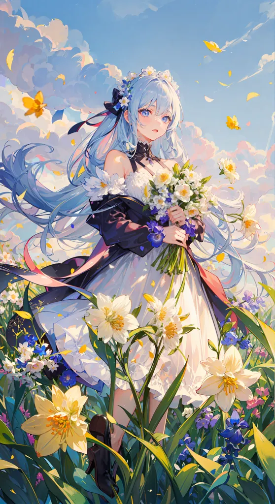 The image is a painting of a young woman standing in a field of flowers. The woman is wearing a white dress with a black corset. She has long white hair and blue eyes. She is holding a bouquet of white and yellow flowers. The background of the image is a blue sky with white clouds. The image is in a realistic style and the colors are vibrant and bright.