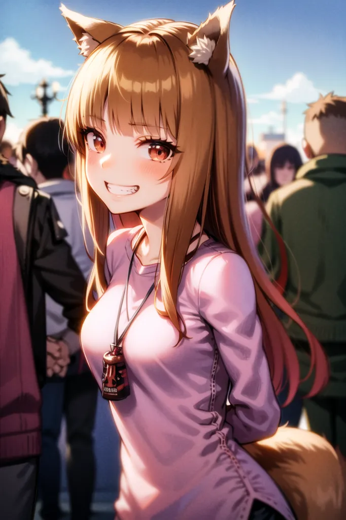 The image is of a young woman with long brown hair and fox ears. She is wearing a pink shirt and has a lanyard around her neck. She is standing in a crowd of people and has a happy expression on her face. The background is blurred, but it looks like there are people walking around. The image is drawn in an anime style.