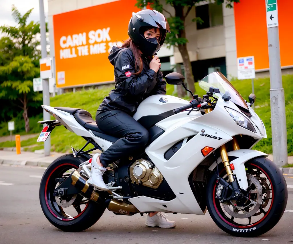 The image shows a woman in a black and white motorcycle suit and a black helmet sitting on a white and black crotch rocket style motorcycle. She is wearing white sneakers and has her left hand on the handlebar and her right hand holding her helmet. The motorcycle is parked on a city street with trees and buildings in the background.