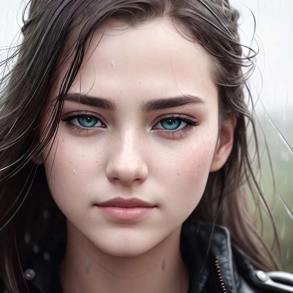 A imagem é um retrato de uma jovem mulher. Ela tem cabelos longos e castanho-escuros que estão molhados pela chuva. Seus olhos são de uma cor azul-claro e sua pele é clara. Ela está usando uma jaqueta de couro preta. O fundo é um borrão de azul-claro. A expressão da mulher é de tristeza e vulnerabilidade.