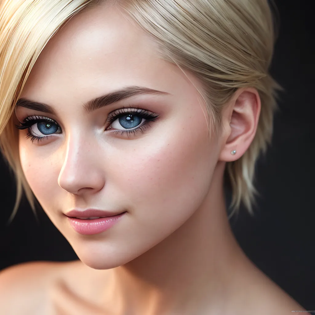 La imagen es un retrato de una mujer joven con cabello rubio corto y ojos azules. Lleva una camisa blanca abotonada y tiene una sonrisa suave en su rostro. El fondo es de color azul oscuro. El peinado de la mujer es de un estilo popular entre las mujeres jóvenes, y su maquillaje es natural y discreto. Su piel es impecable y sus ojos son de un color azul profundo. La expresión de la mujer es de felicidad y tranquilidad. Parece que está disfrutando de su vida y está en paz consigo misma. La imagen está tomada desde un ángulo cercano, lo que permite al espectador ver el rostro de la mujer con gran detalle. El efecto general de la imagen es de belleza y serenidad.