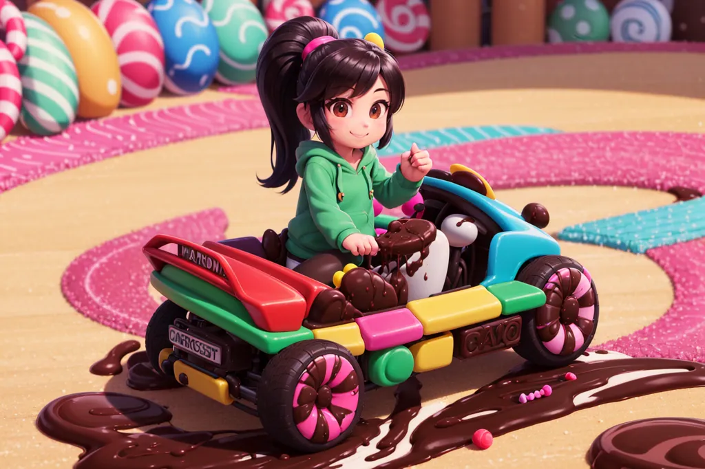 This is an image of a young girl with brown hair in a green hoodie driving a colorful car. The car is made of candy and is decorated with chocolate, gummy bears, and other sweets. The girl is smiling and has her eyes closed. She is driving on a track that is made of chocolate. The background is a bright and colorful candyland.