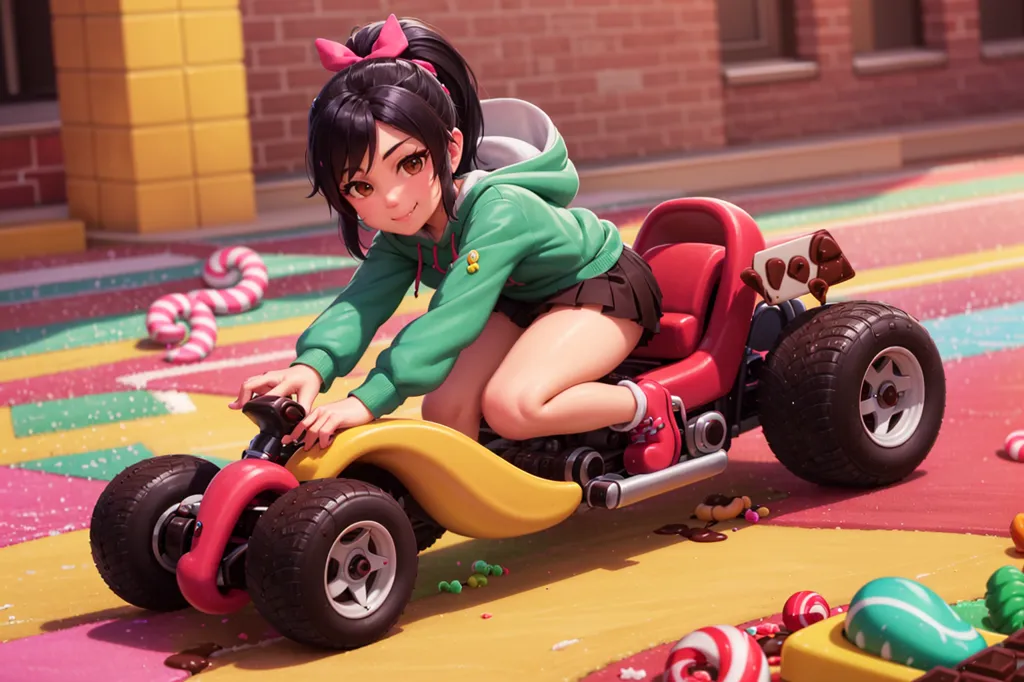 This is an image of a young girl with long black hair and brown eyes. She is wearing a green hoodie, a black skirt, and a pink bow in her hair. She is sitting in a red and yellow go-kart and there are lollipops and candy scattered around her. The background is a brick wall with a yellow floor. The girl is smiling and has her hands on the steering wheel of the go-kart. She is wearing knee pads and elbow pads. The go-kart has a chocolate bar on the front of it.