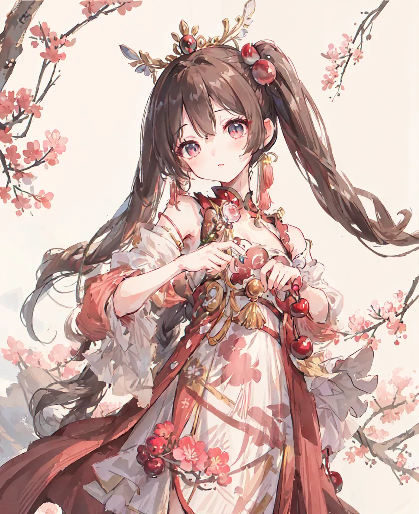 The image is a painting of a young girl with long brown hair and brown eyes. She is wearing a white and red dress with a pink sash and has a cherry blossom hairpin in her hair. She is standing in a forest of cherry blossom trees and is holding a branch of cherry blossoms. The background is a soft pink color. The painting is done in a realistic style and the girl's expression is one of happiness and contentment.