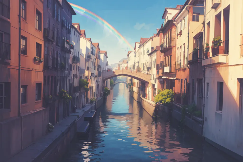 This is an image of a canal in a European city. The canal is surrounded by colorful buildings and a stone bridge. The water in the canal is green and still. There is a rainbow in the sky.