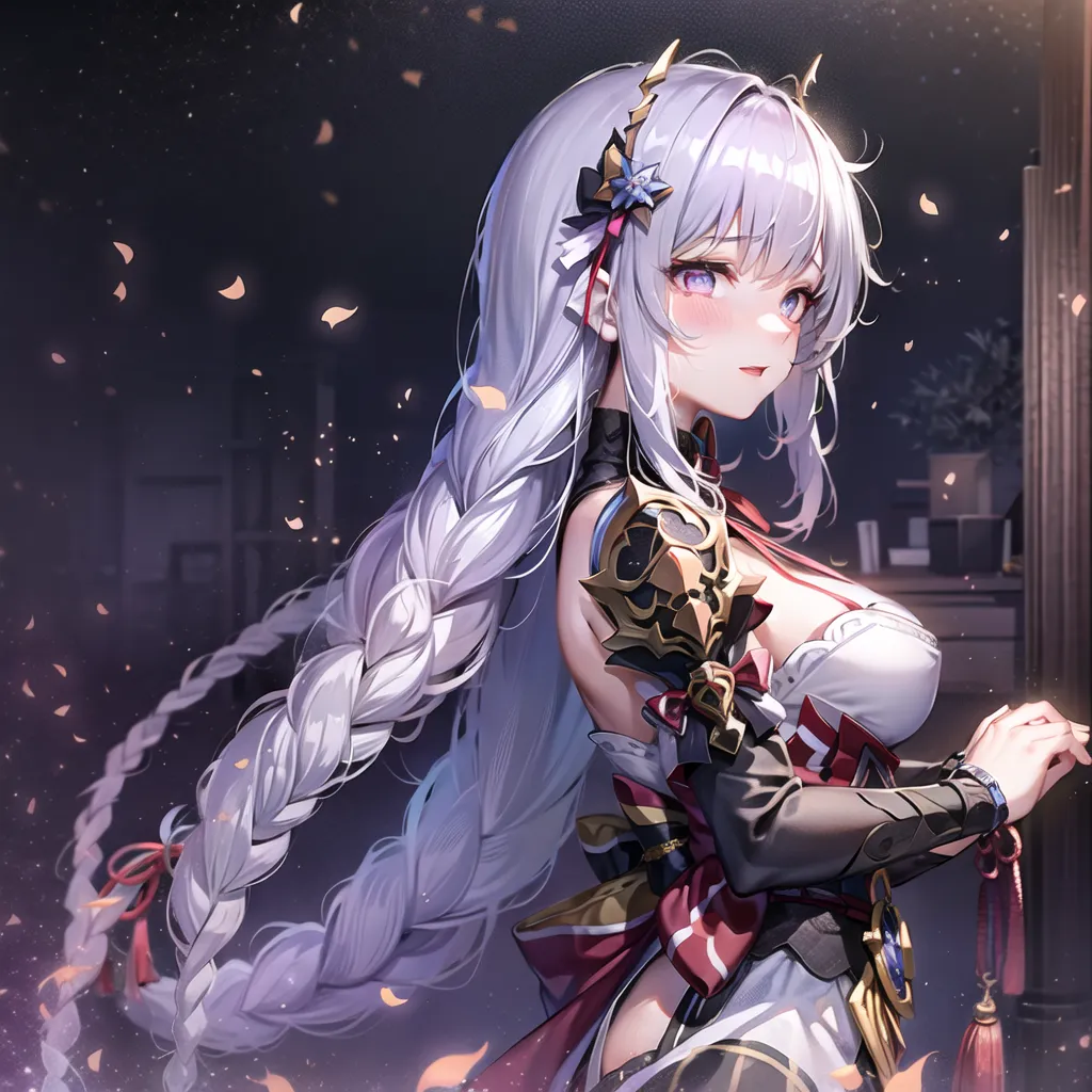 The image is of a beautiful anime girl with long silver hair and purple eyes. She is wearing a white and red dress with a black corset. She has a gentle smile on her face and is looking at the viewer with her head tilted slightly to the side. She is standing in a dark room with a purple curtain behind her. There are also some small white flowers floating in the air around her.