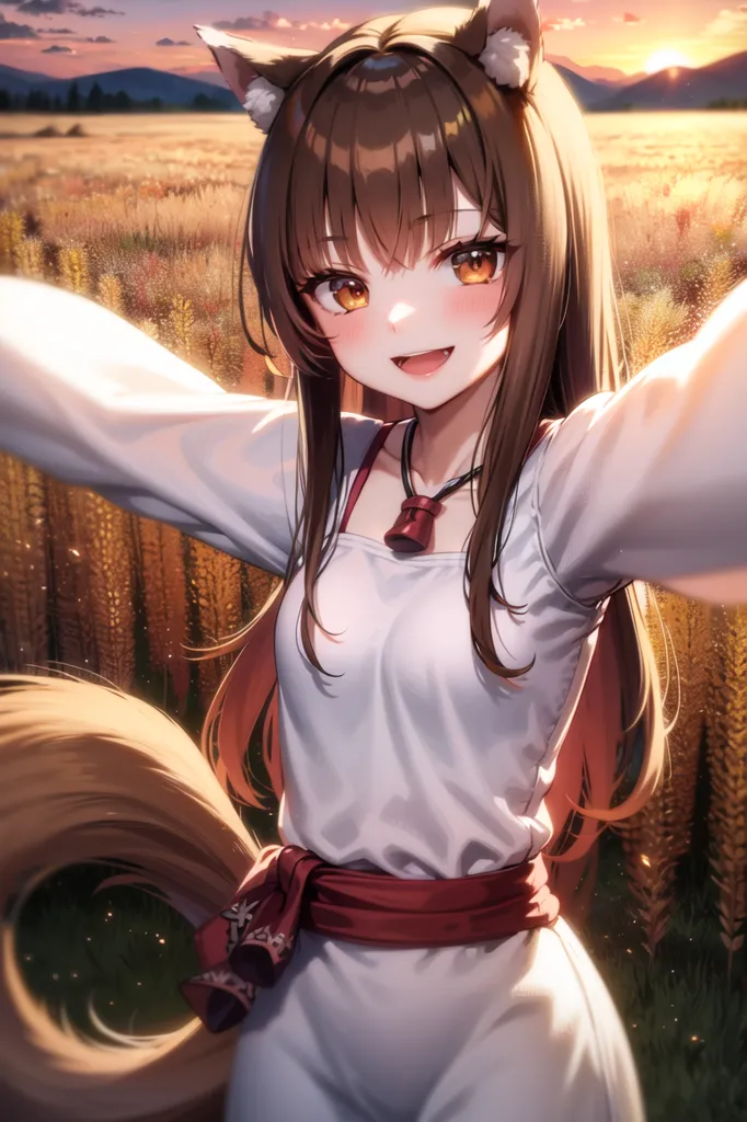 The image is a photo of an anime-style girl with long brown hair and fox ears. She is wearing a white dress with a red sash and has a friendly smile on her face. She is standing in a field of wheat and has her arms outstretched. In the background, there is a hill and a sunset sky.