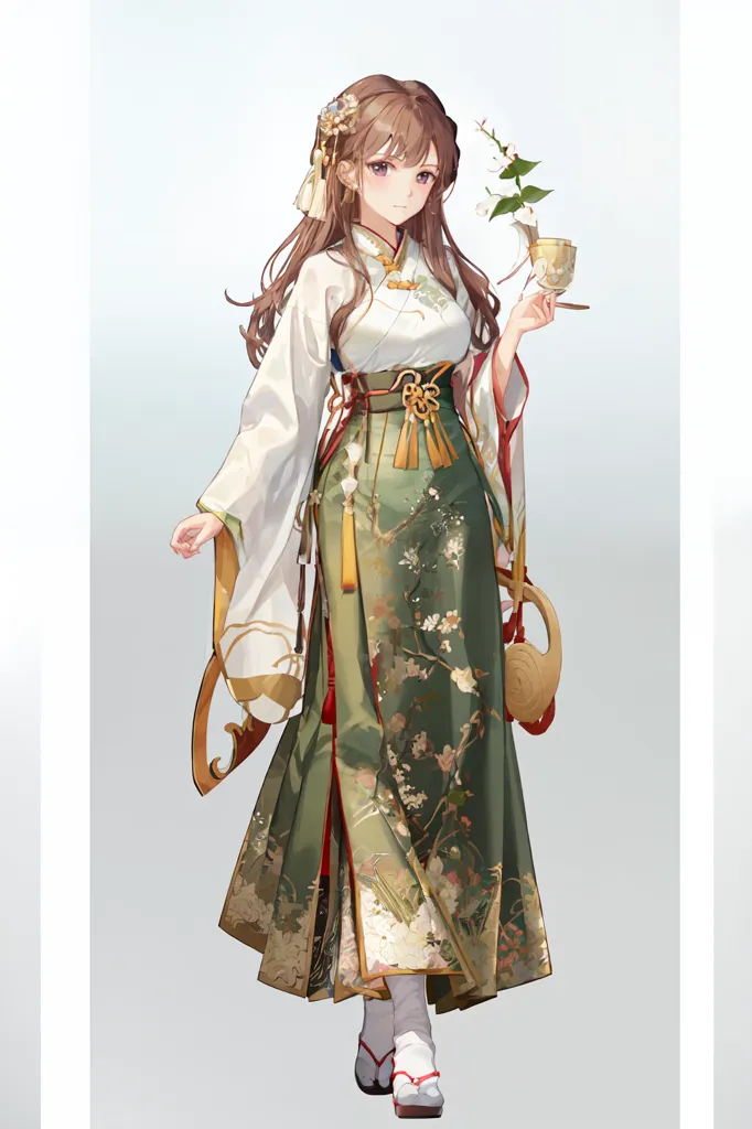 The image shows a young woman wearing a traditional Chinese dress called a Hanfu. The dress is green with white and pink floral patterns and has a long flowing skirt. The woman has long brown hair and brown eyes, and she is holding a cup of tea in her right hand. She is also wearing a white sash around her waist and has a small white flower in her hair. The background is a simple white color.