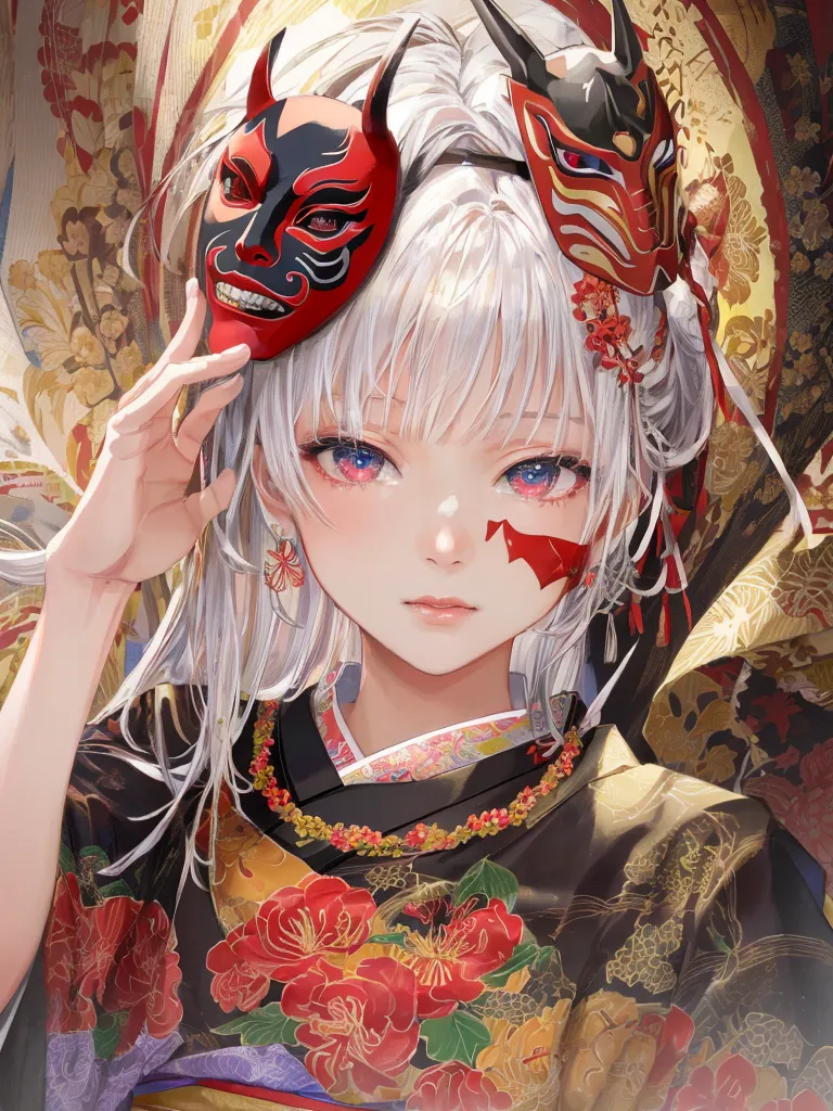 The image is a painting of a young woman, with long white hair and red eyes, wearing a kimono with a floral pattern and a red obi. She is holding a red and black oni mask in her right hand. The background is a golden floral pattern.