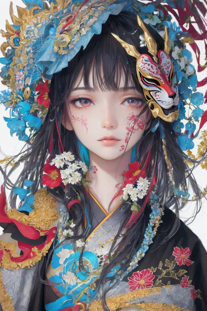 The picture shows a young woman, with long black hair and blue eyes, wearing a traditional Japanese kimono with a floral pattern and a kitsune mask with red and gold accents. Her face is partially covered by the mask, and her expression is serious. She is standing in front of a white background, and there are several flowers in her hair and around her neck.