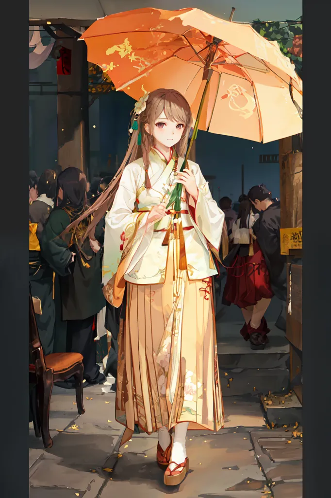 The image shows a young woman wearing a kimono and holding a yellow umbrella. She is standing in a traditional Japanese street with wooden buildings and paper lanterns. There are people walking around in the background. The woman is looking at the camera with a smile on her face.