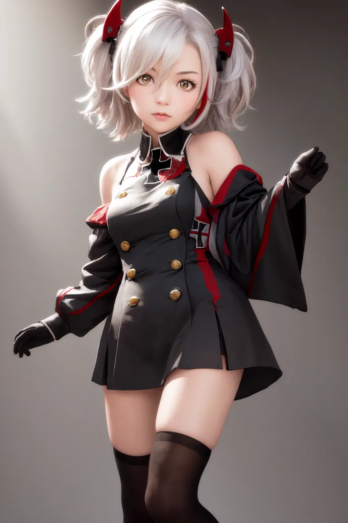 The image is of a young woman with white hair and red eyes. She is wearing a black military-style dress with red trim and gold buttons. She is also wearing black gloves and boots. Her hair is done up in two pigtails and she has a small red hat on her head. She has a serious expression on her face.