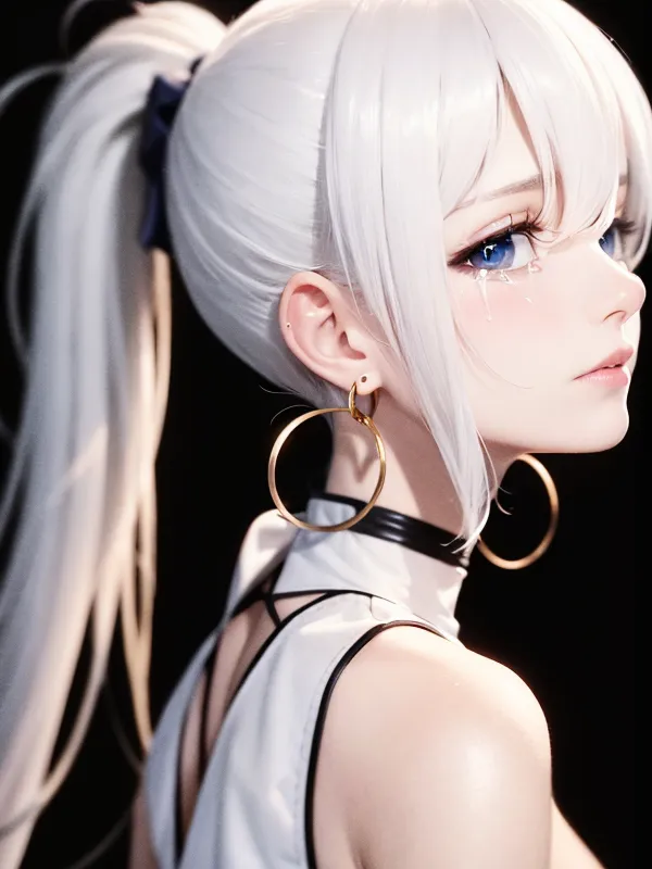 The image is a digital painting of a young woman with white hair and blue eyes. She is wearing a white dress with a black choker. Her hair is tied in a ponytail and she is looking to the right of the frame. The background is black and there is a single tear on her right cheek.