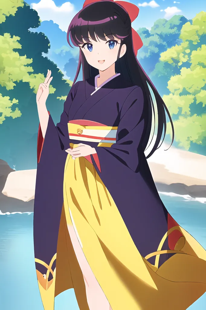 The image shows a young woman in a purple kimono with a yellow sash and a red bow in her hair. She is standing on a beach, with the ocean behind her and a forest to her right. She has a bright smile on her face.