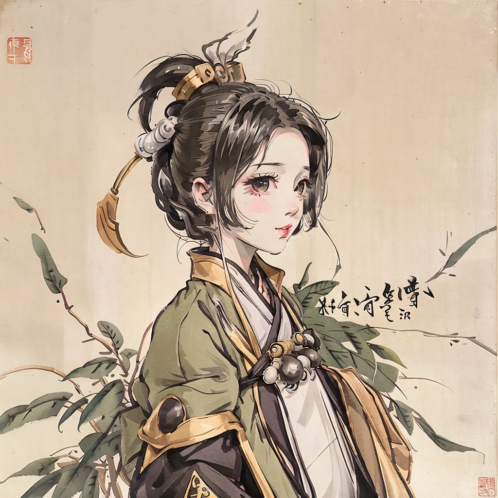 The image shows a young woman in a green and brown outfit. She has long black hair tied in a ponytail. She is looking to the right of the frame. The background is white with some green and brown leaves on the left side. The image is in a traditional Chinese style.