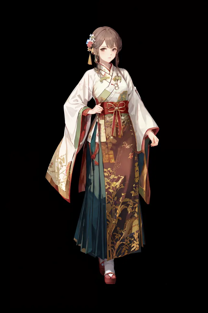 The image shows a young woman wearing a kimono. The kimono is white with a red and gold obi. The woman has long brown hair and brown eyes. She is wearing a white and red haori over the kimono, with a floral pattern at the bottom. She is also wearing white tabi socks and red geta sandals. The woman is standing in a graceful pose, with her left hand holding the right side of her kimono.