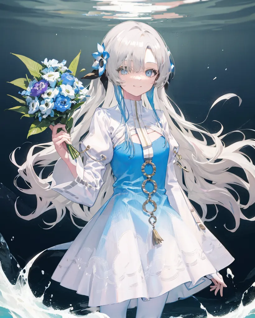 The image is a painting of a young woman with long white hair and blue eyes. She is wearing a white and blue dress and is holding a bouquet of blue and purple flowers. She is standing in front of a dark blue background with a wave splashing at her feet.