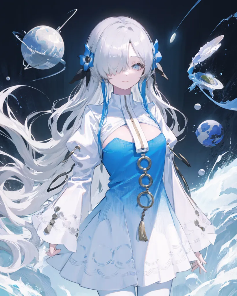 The image is an anime-style drawing of a girl with long white hair and blue eyes. She is wearing a blue and white dress with a white choker and blue and white arm warmers. She is standing in front of a blue background with several planets and moons floating around her. The girl is looking at the viewer with a slightly sad expression on her face.