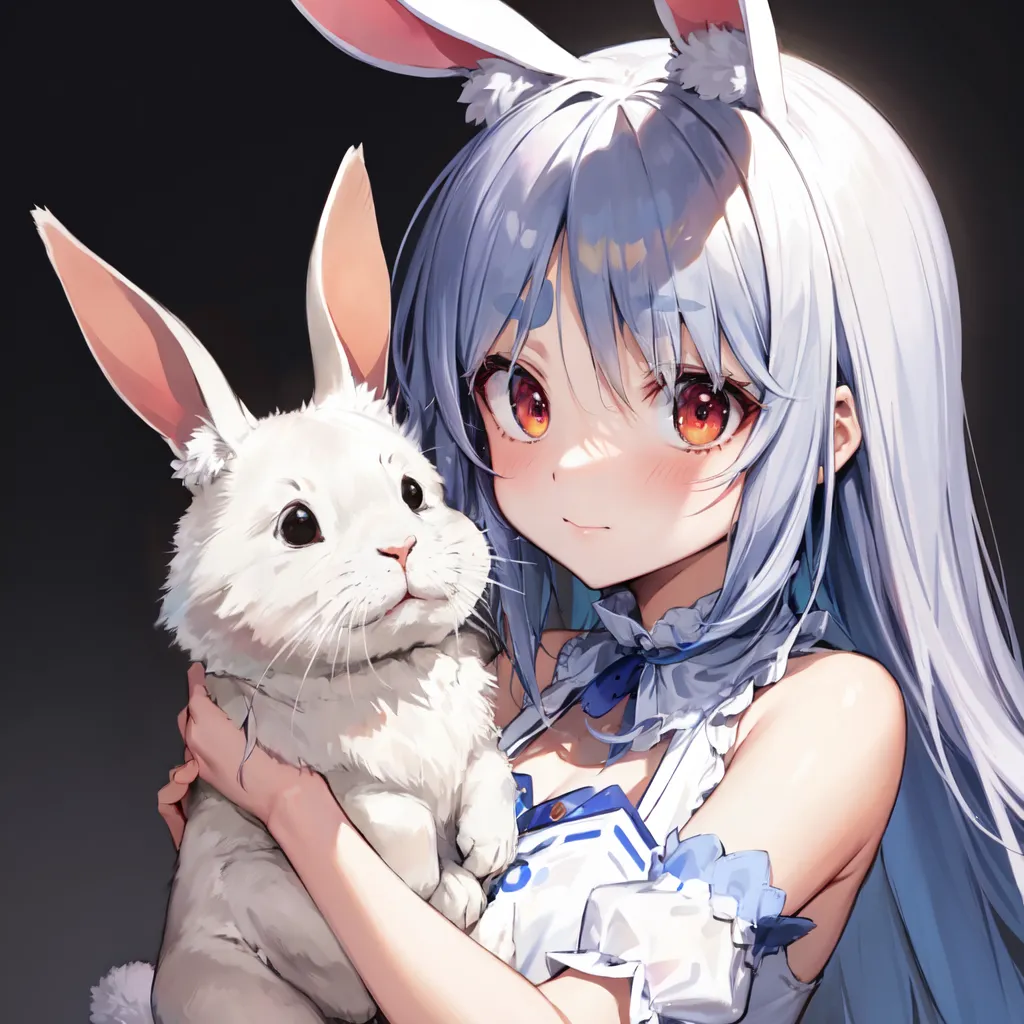 La imagen es de una chica de estilo anime con el cabello largo y blanco y ojos naranjas. Ella está usando un vestido blanco con un lazo azul. Está sosteniendo un conejo blanco en sus brazos. El fondo es de un color oscuro. La chica está sonriendo y tiene una expresión feliz en su rostro. El conejo está mirando a la chica con una expresión curiosa en su cara.