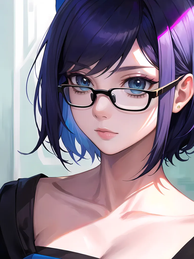 The image is a portrait of a young woman with blue hair, purple eyes, and glasses. She is wearing a black choker and a blue dress. The background is white. The woman is looking at the viewer with a serious expression.