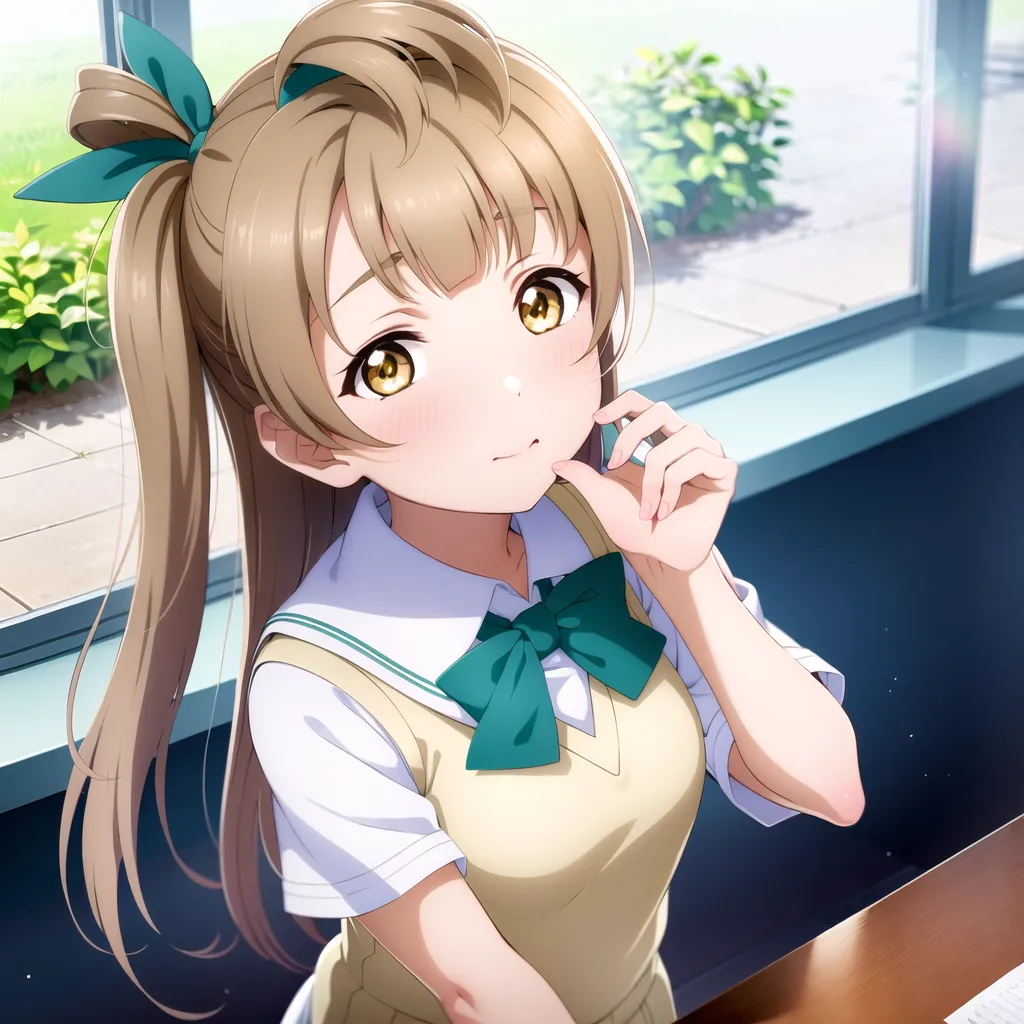 The image shows a young girl with long brown hair tied in a ponytail with a green ribbon. She has big yellow eyes and a cute expression on her face. She is wearing a white shirt with a green bow and a yellow vest. She is sitting at a desk in a classroom, looking out the window and thinking about something.