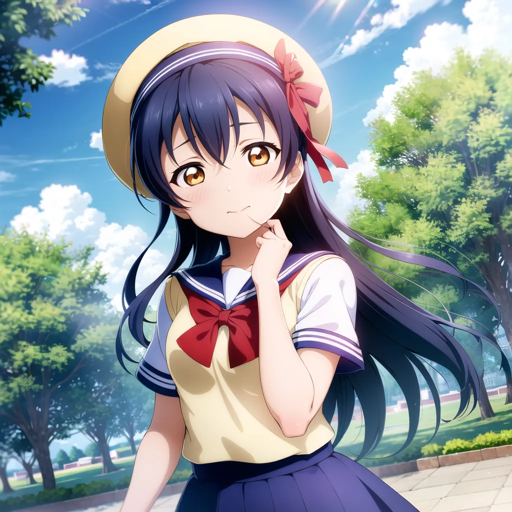 The image shows a young girl with long, dark blue hair and amber eyes. She is wearing a white and yellow shirt with a red bow, and a blue skirt. She is also wearing a yellow hat with a red ribbon. The girl is standing in a park, and there are trees and a blue sky in the background.