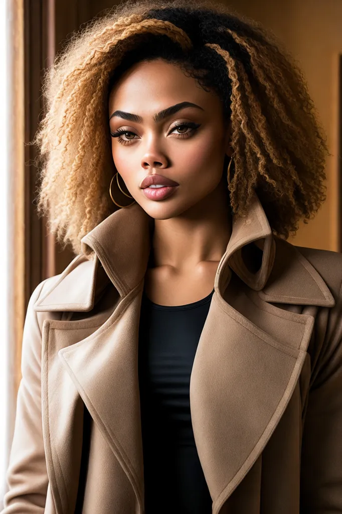 The image shows a young woman with light brown skin and curly blonde hair. She is wearing a tan trench coat and a black shirt. She has a serious expression on her face and is looking at the camera. She is wearing gold hoop earrings and has a gold necklace. Her makeup is natural and she has a light pink lip gloss on.