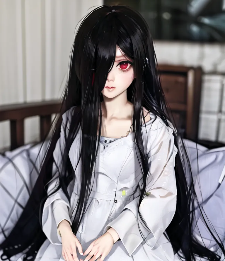 The image shows a girl with long black hair and red eyes. She is wearing a white dress and sitting on a bed. The girl's hair is parted in the middle and her eyes are wide open. She is looking at the viewer with a serious expression. The girl's skin is pale and flawless. She is wearing a white dress with a high collar. The dress is simple but elegant. The girl's hands are folded in her lap. She is sitting in a relaxed pose. The background of the image is blurry and out of focus.