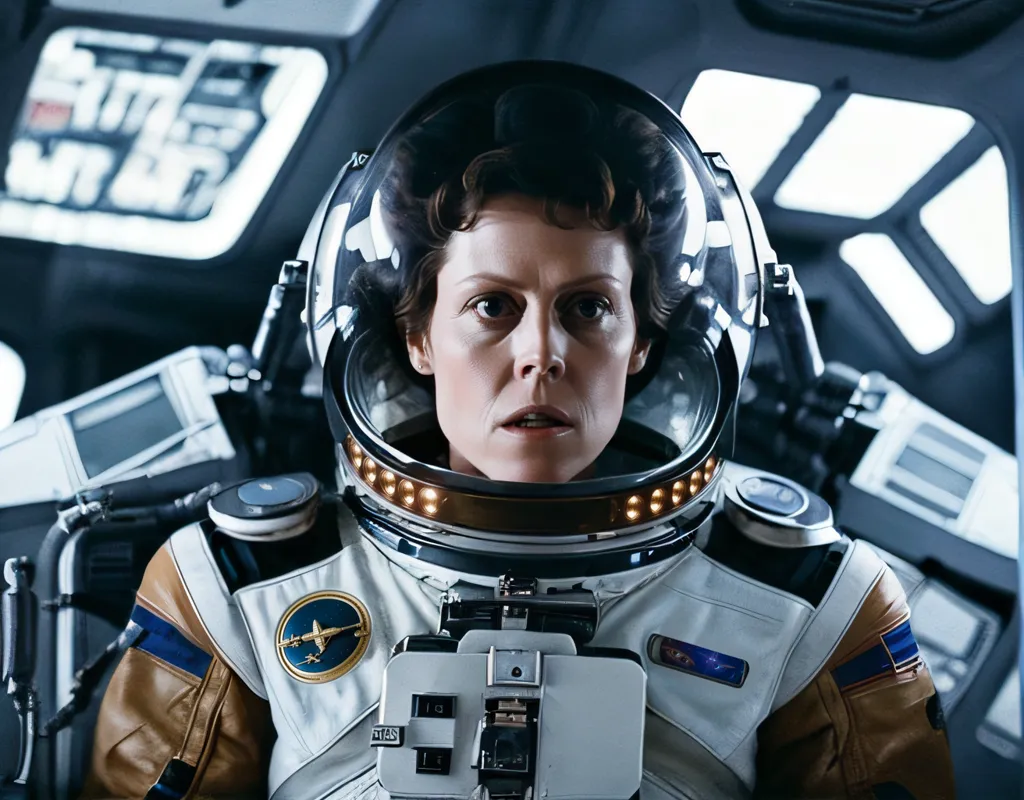 The picture shows a woman in a spacesuit with her helmet on. She is looking at the camera with a concerned look on her face. The spacesuit is white and brown, and has a clear bubble helmet. She is sitting in a spaceship, and there are a lot of buttons and switches on the walls.