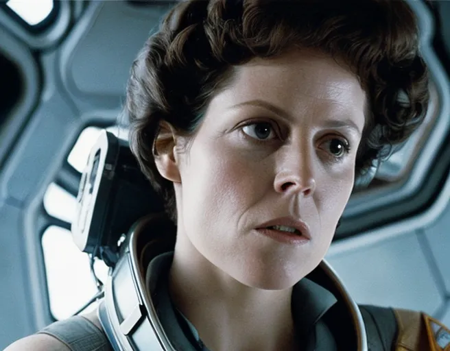 The image shows a woman in a spacesuit with short brown hair and a worried look on her face. She is looking to the right of the frame. The background is a spaceship with a lot of machinery.