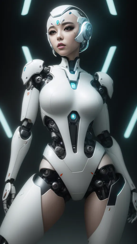 この画像は、女性のロボットのデジタルペインティングです。彼女は肌が白く、長い黒髪、青い目をしています。彼女は白いボディスーツに黒いアクセントを付けて着ています。ボディスーツは金属やプラスチックのような素材でできています。また、ヘッドフォンも着用しています。背景は暗く、背後にいくつかの発光する線があります。ロボットは自信に満ちた姿勢で立っており、腰に手を当てています。彼女は真剣な表情をしています。この画像は非常に詳細で、アーティストが多くの時間をかけて制作したことがわかります。