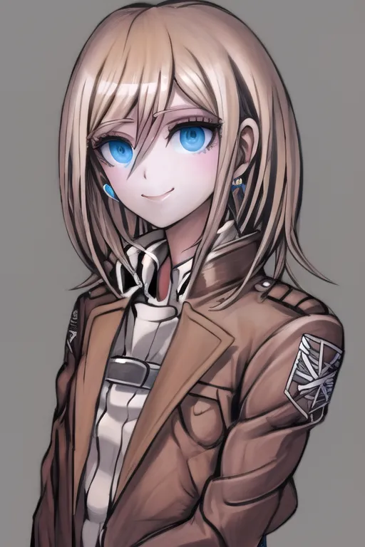 The image depicts a young woman with short blonde hair and blue eyes. She is wearing a brown jacket with a white shirt underneath. The jacket has a symbol on the sleeve that resembles the wings of freedom from the anime series Attack on Titan.