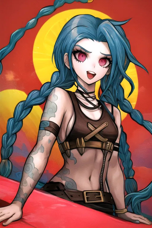 This image is of a young woman with blue hair and red eyes. She is wearing a brown top and a belt with a large buckle. She has tattoos on her arms and a confident expression on her face. She is standing in front of a red background with a large sun rising behind her.