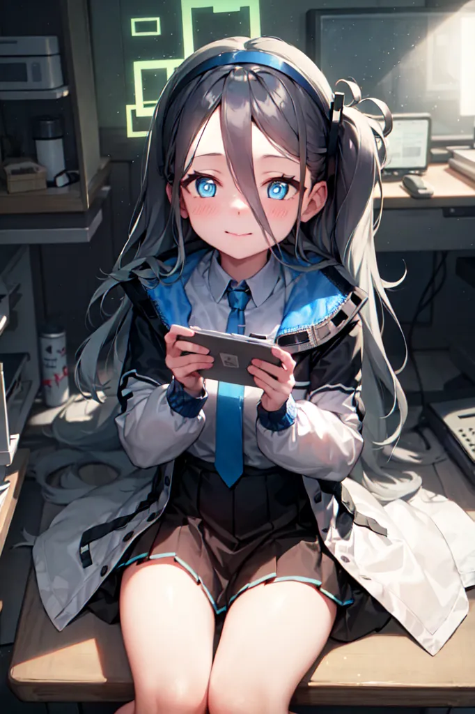 The image shows an anime girl with long silver hair and blue eyes. She is wearing a white shirt, a blue tie, a gray skirt, and a white jacket. She is sitting on a chair in an office, with a computer and other office equipment in the background. She is holding a video game controller and looking at the screen with a smile on her face.