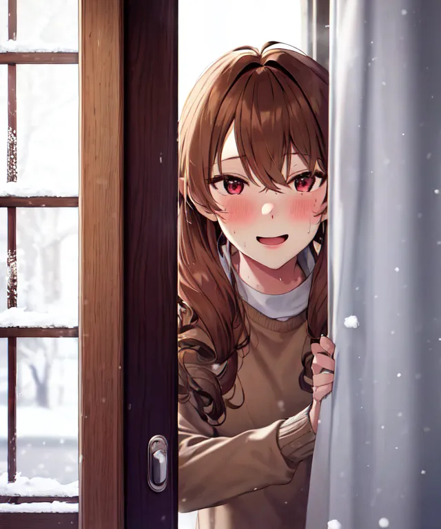 The image is of a young woman peeking out from behind a door. She has brown hair and red eyes, and is wearing a brown sweater. The door is made of wood and has a glass window. The background is a snowy landscape. The woman's expression is shy and curious.