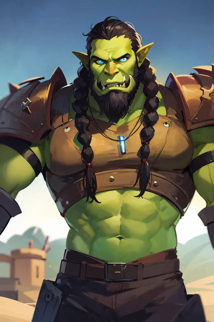 The image is of a muscular green orc with long black hair braided on each side of his head and a beard. He is wearing a brown leather vest with metal shoulder pads and a brown belt with a silver buckle. He has a silver necklace with a blue gem in the center. He is standing in a desert landscape with a building in the background.