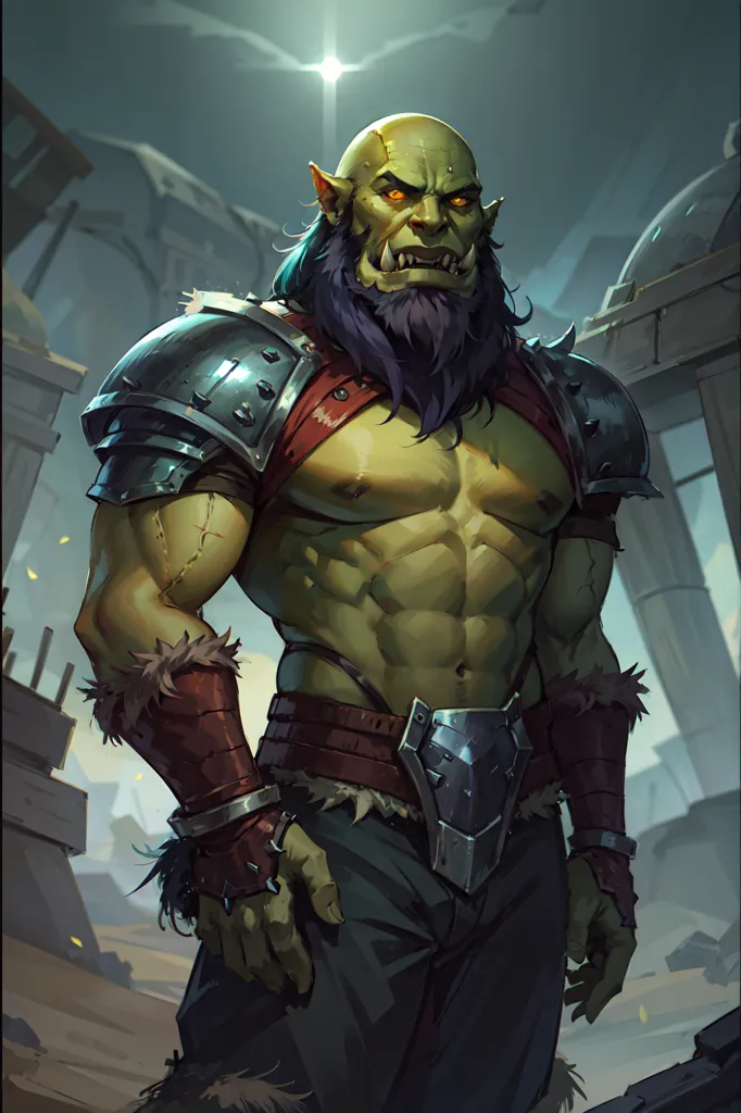 The image shows a muscular green-skinned orc with long black hair and yellow eyes. He is wearing a loincloth and a breastplate, as well as a pair of greaves. He has a sword sheathed at his waist and a shield on his back. He is standing in a ruined city, with a large stone building in the background.