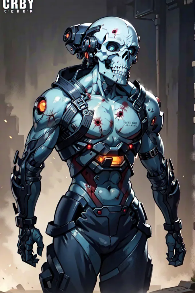 The image is a digital painting of a cyborg. The cyborg is standing in a dark room. It is wearing a blue and gray suit of armor. The armor has a skull design on the chest. The cyborg's head is a skull. It has a glowing blue eye. The cyborg is also wearing a helmet. The helmet has a visor. The cyborg is holding a gun. The gun is pointed at the viewer.