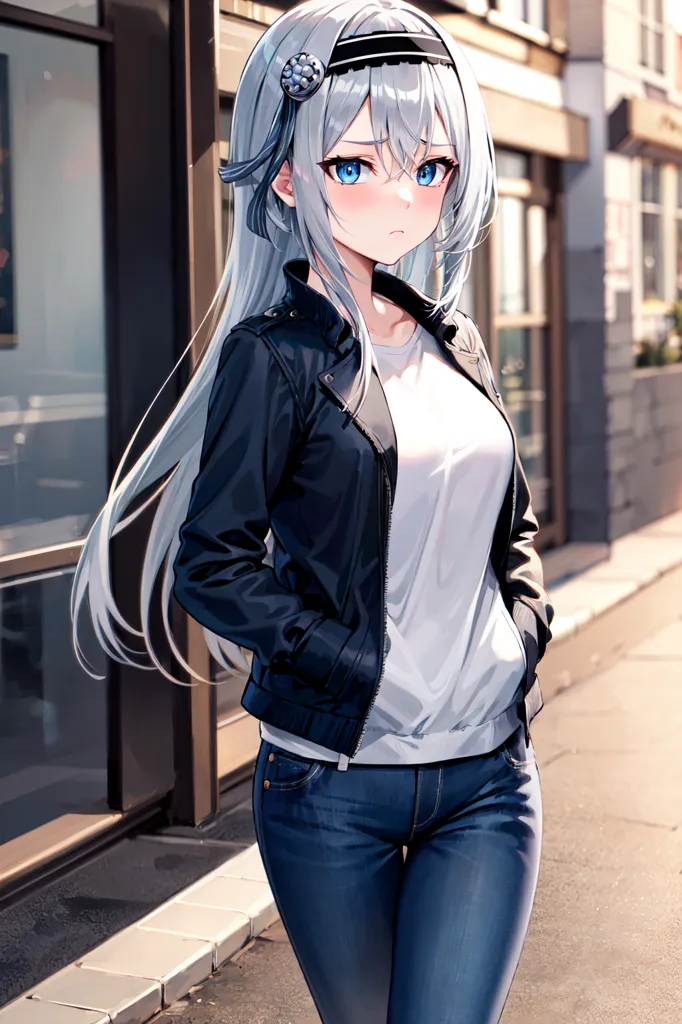 This is an image of a young woman with long silver hair and blue eyes. She is wearing a white shirt, blue jeans, and a black leather jacket. She has a small black bow in her hair and is looking at the viewer with a slightly embarrassed expression. She is standing in an urban setting, with a building in the background.